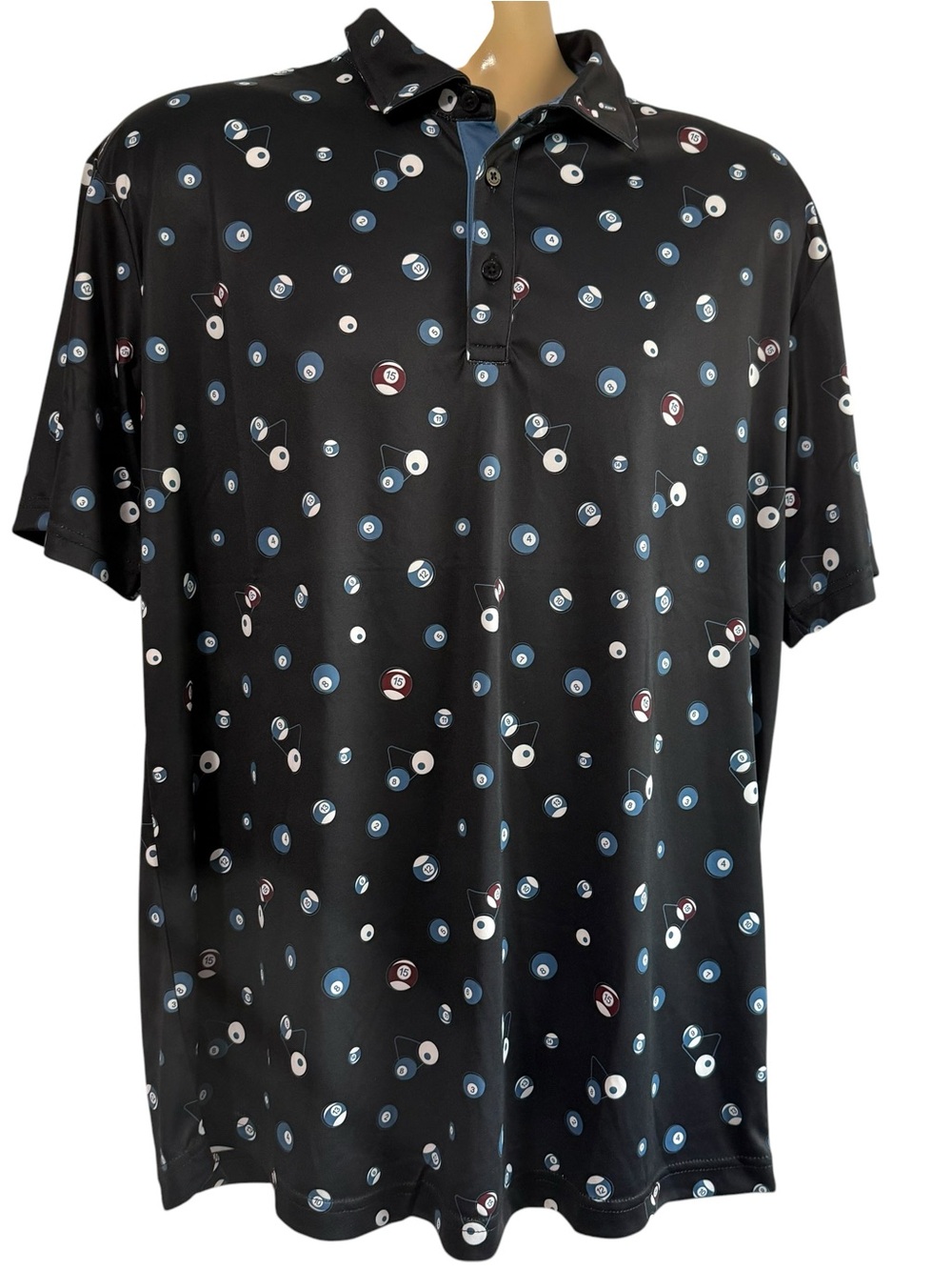 Swannies Golf Billiards Polo Mens Large Black Pool Ball Print Performance Shirt
